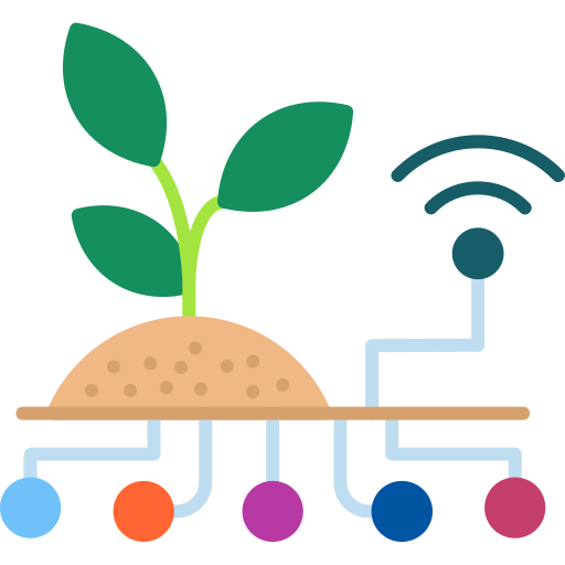 Ícone representando uma planta a crescer sobre o solo, com linhas conectadas a sensores e um símbolo de sinal sem fios, simbolizando a agricultura inteligente com sensores e conectividade IoT