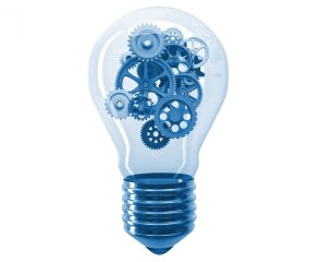 3398 Illustration of a lightbulb with internal gears in shades of blue, symbolizing innovation, creativity, and the collaborative functioning of ideas and technology