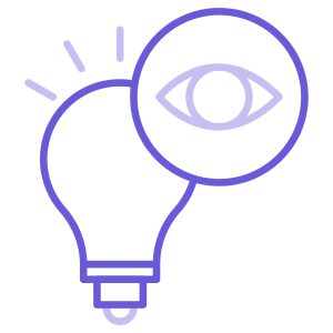Illustrative icon of a lightbulb with an overlaid eye, symbolizing vision, ideas, and innovation. Designed in a minimalist style with purple lines
